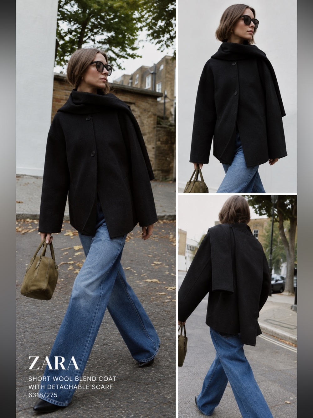 Zara Womens Short Wool Blend Coat Black Detachable Scarf 6318/275 NWT